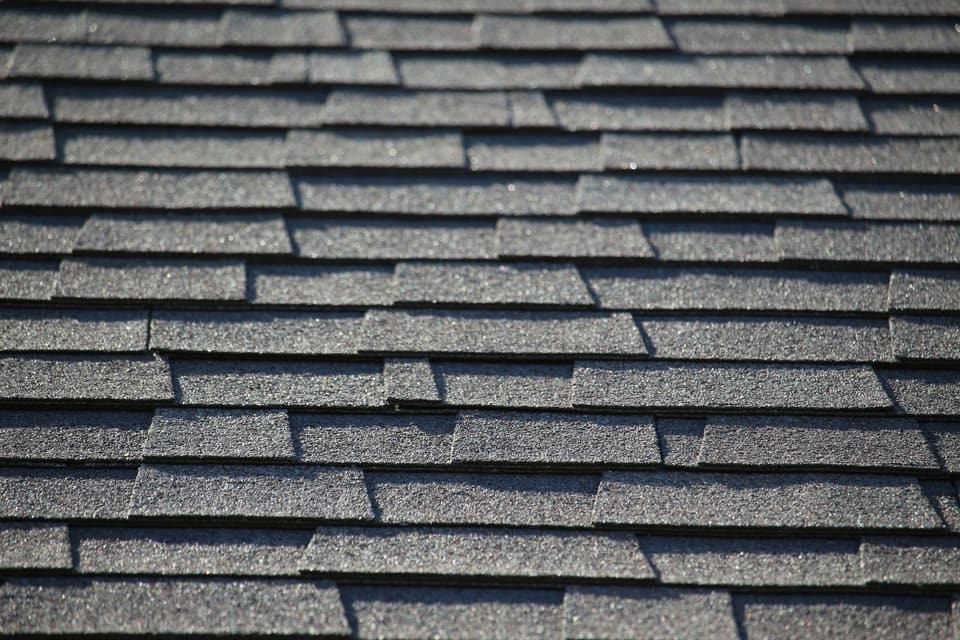 Close-up of rows of dark asphalt shingles on a roof